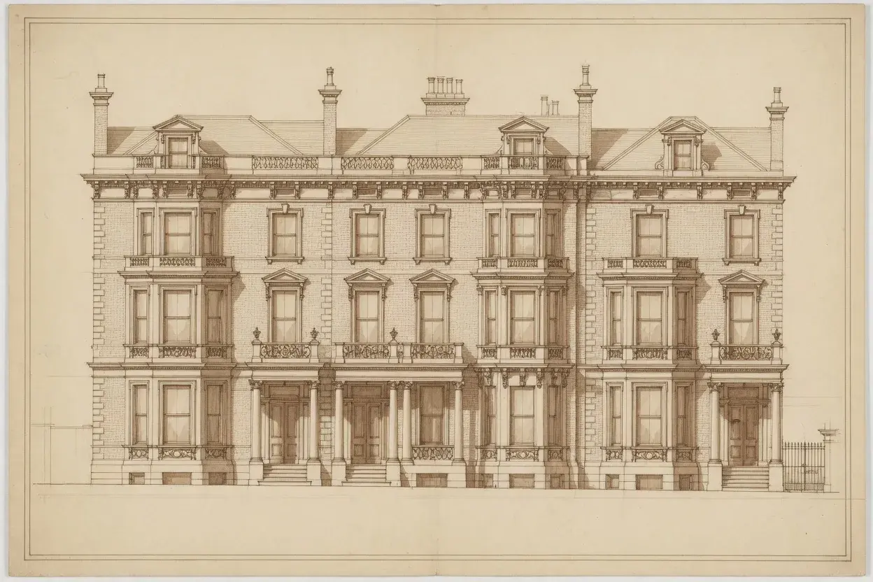 Illustrative street elevation of tall Italianate villas with columned porches, Belsize Park