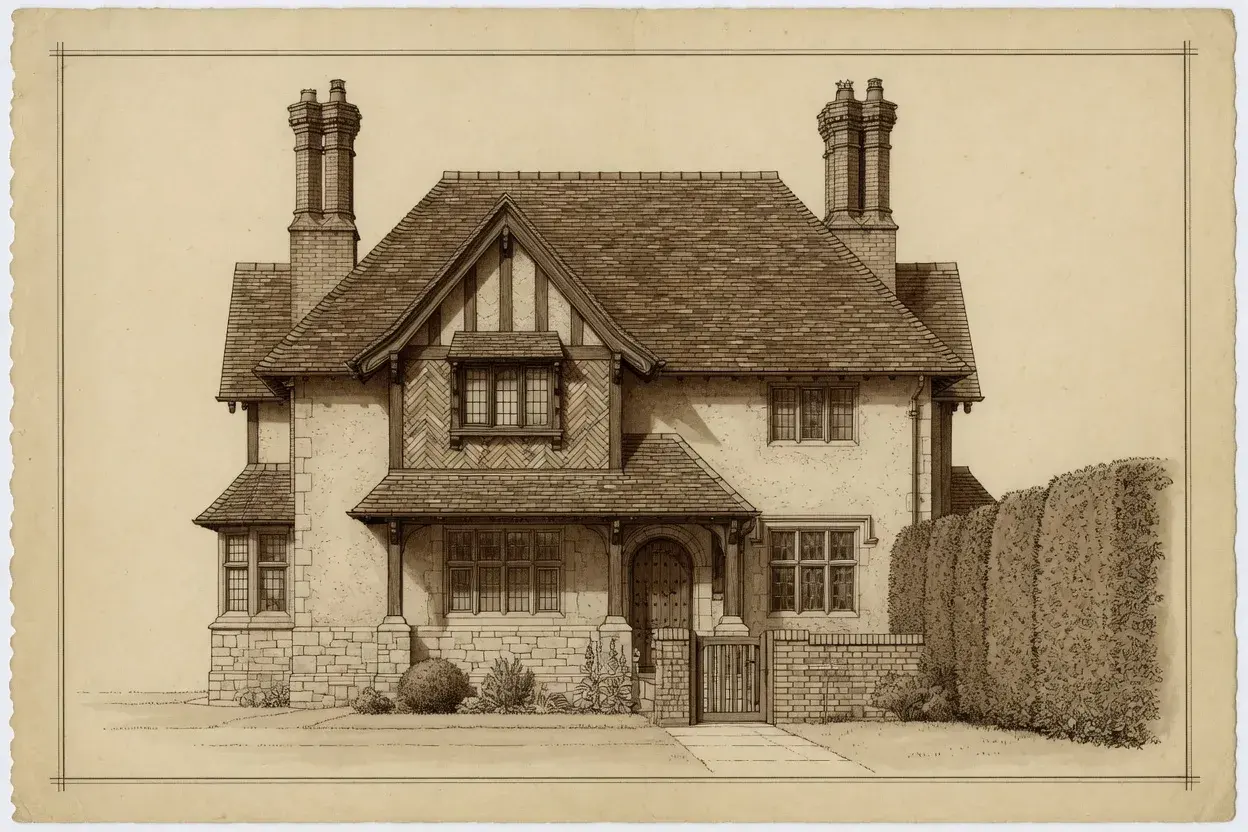 Illustrative front elevation of an Arts and Crafts house, Hampstead Garden Suburb