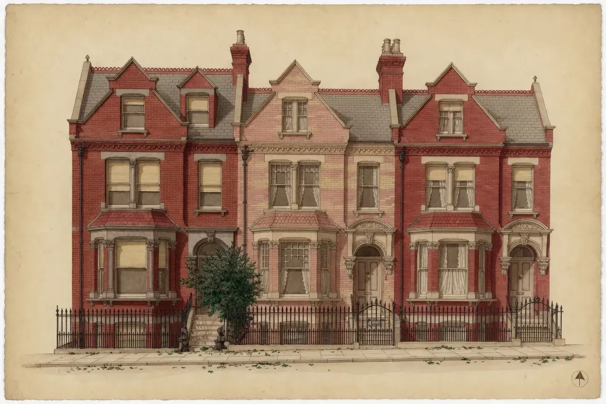 Illustrative street elevation of red-brick Victorian houses in Hampstead