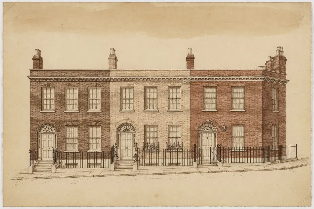 Illustrative street elevation of modest Georgian brick houses, Highgate village