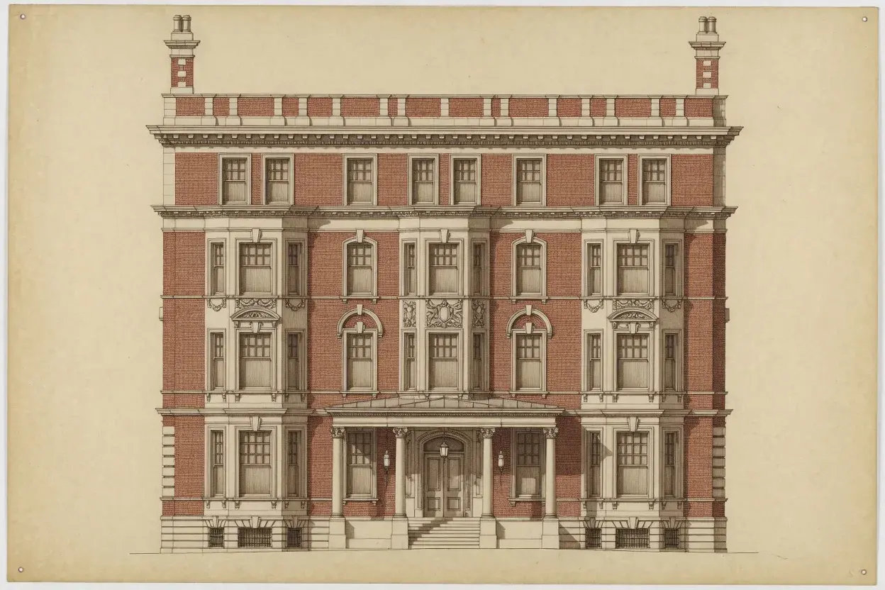Illustrative front elevation of a red-brick Edwardian mansion block, Maida Vale