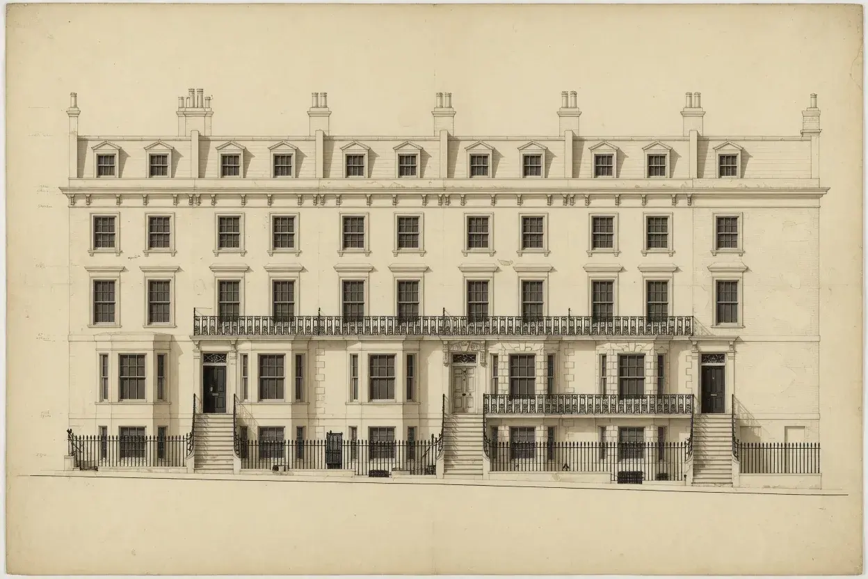 Illustrative street elevation of cream stucco terraces climbing a hill