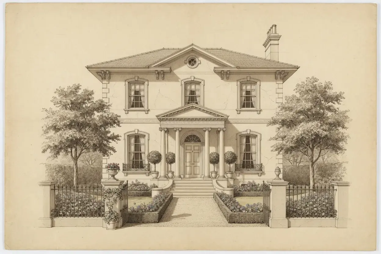 Illustrative front elevation of a stucco villa with a portico and front garden