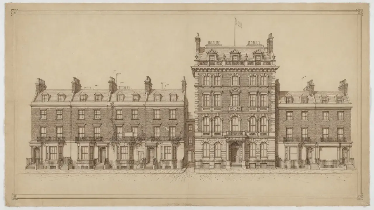 Illustrative street elevation of terraces and a mansion block, Swiss Cottage character