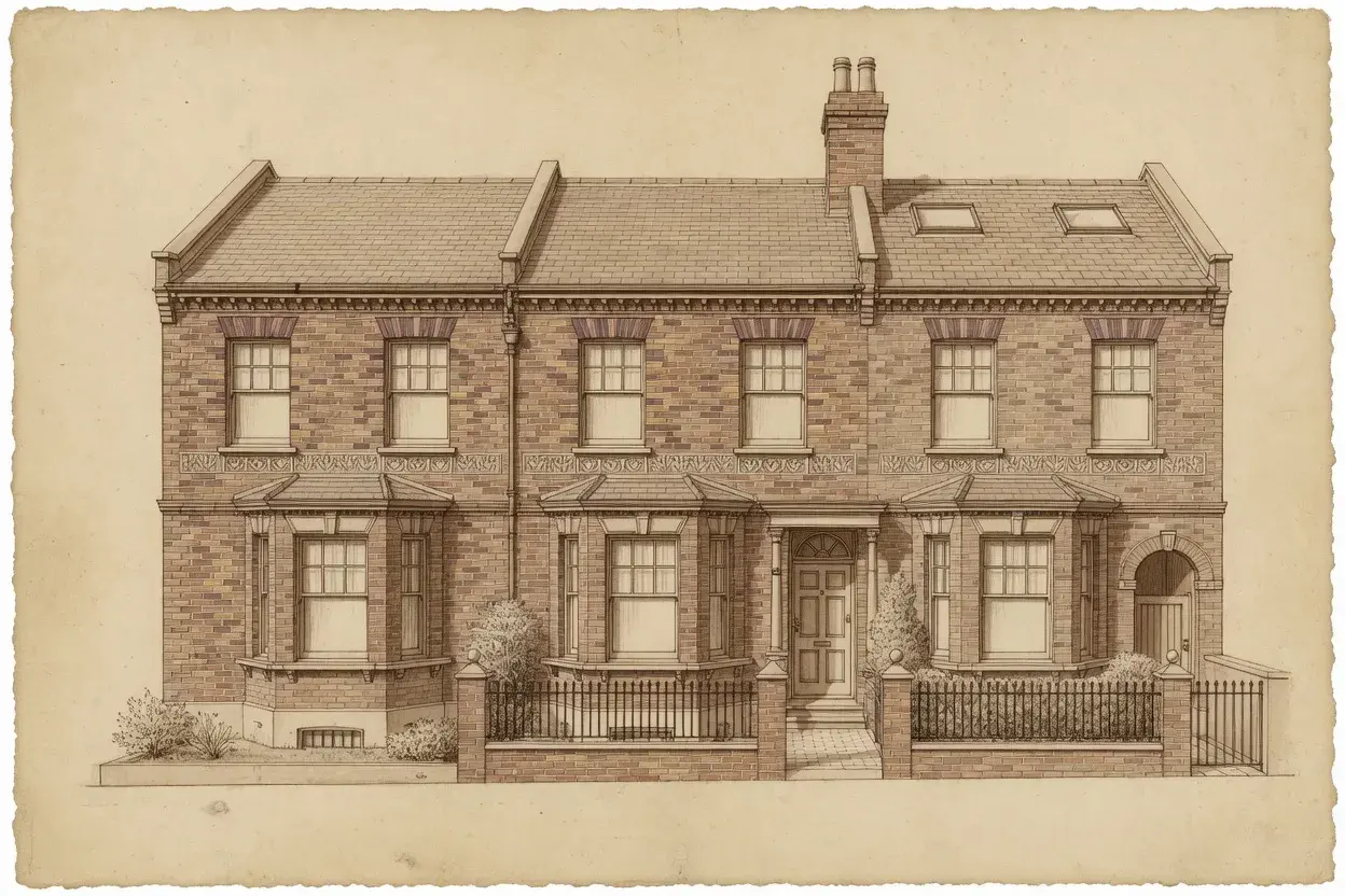 Illustrative street elevation of a modest Victorian bay-fronted terrace, West Hampstead