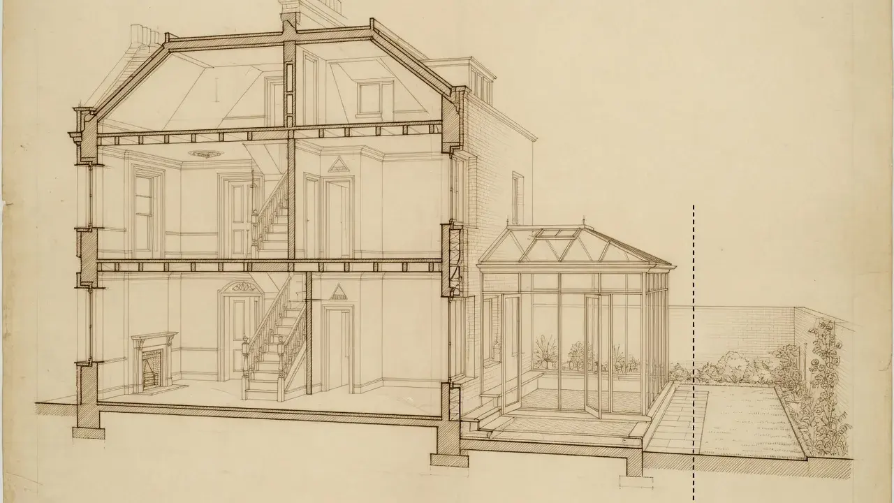 Illustrative section through a London house and rear garden extension