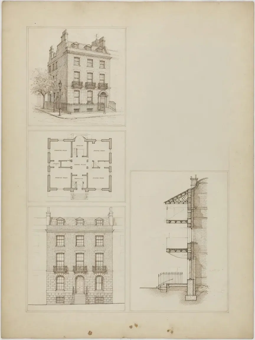 Illustrative process sheet: perspective, plan, elevation and wall section of one house