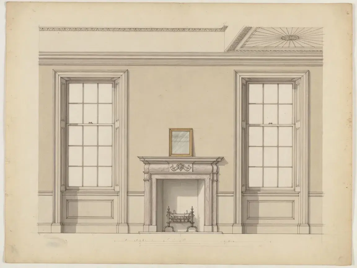 Illustrative interior elevation of a London reception room with sash windows and a chimneypiece