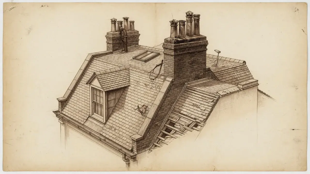 Illustrative axonometric of a London terrace roof, chimneys and a dormer