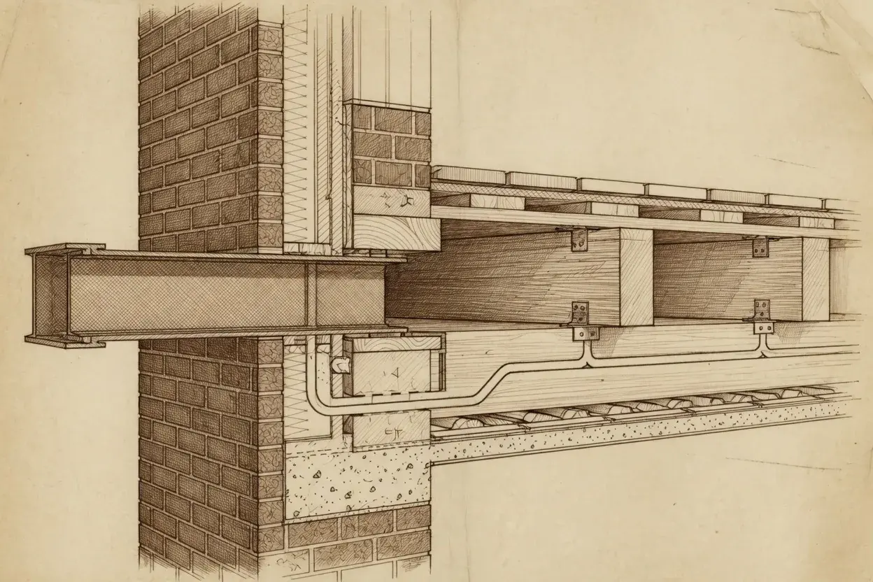 Illustrative construction detail of a wall, steel beam and floor, building-regulations study