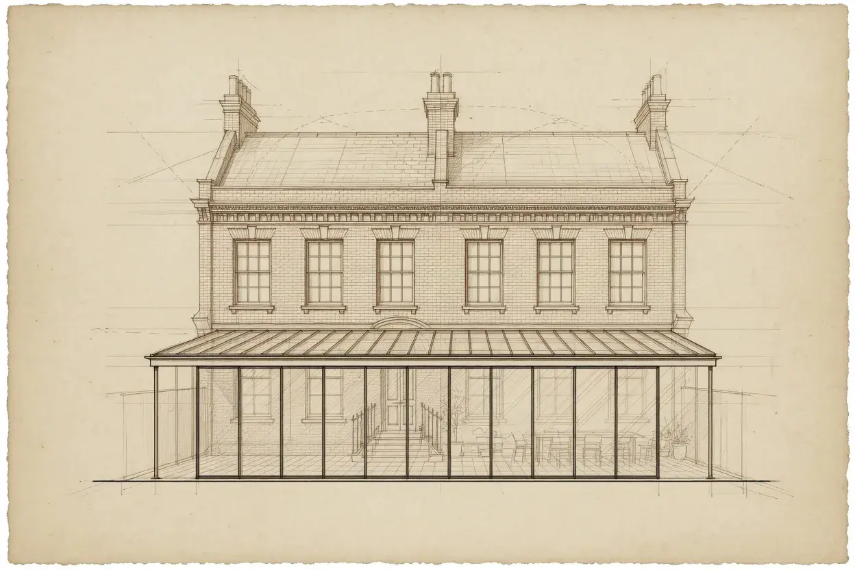 Illustrative rear elevation of a Victorian terrace with a glazed single-storey extension