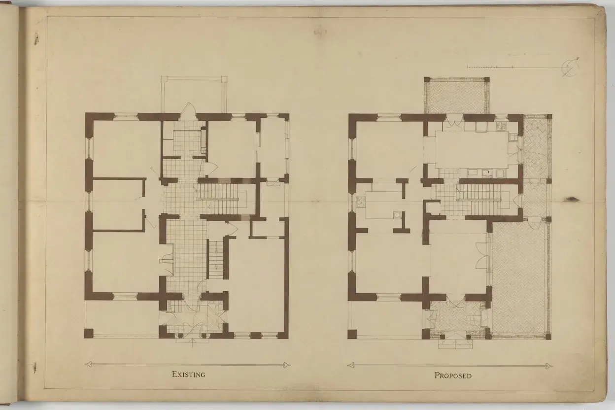 Illustrative existing and proposed ground-floor plans for a whole-house refurbishment