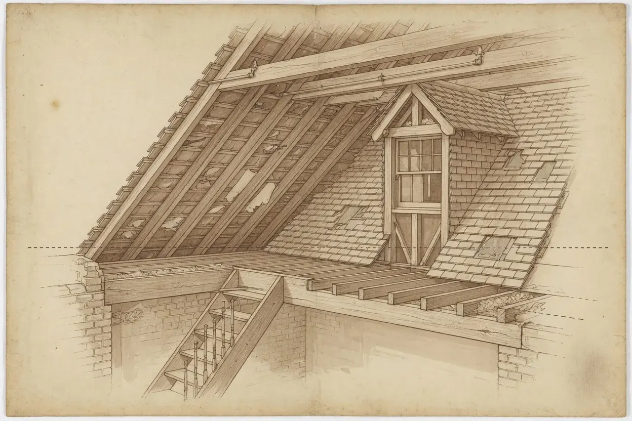 Illustrative cutaway of a Victorian roof with a dormer and stair, loft-conversion study