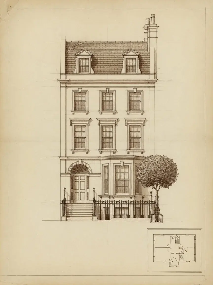 Illustrative front elevation and plan of a London townhouse