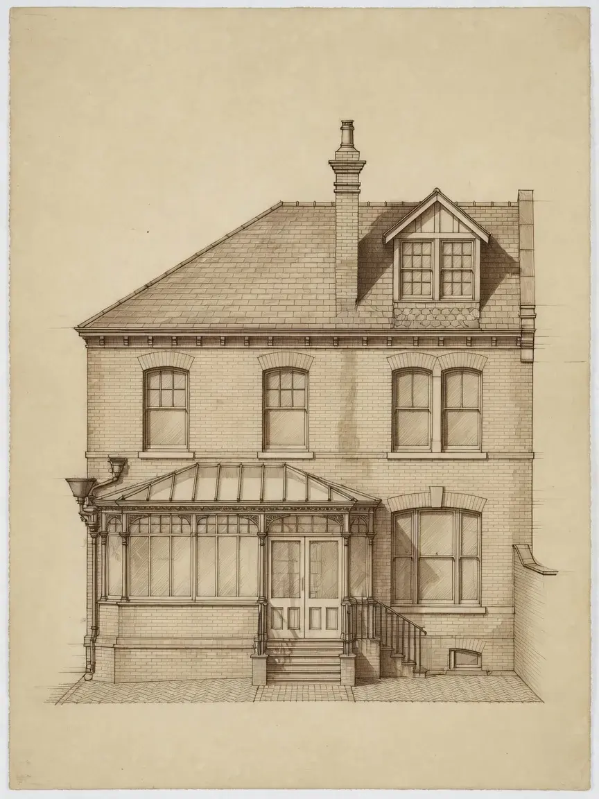 Illustrative rear elevation of a London house with a garden extension and a loft dormer