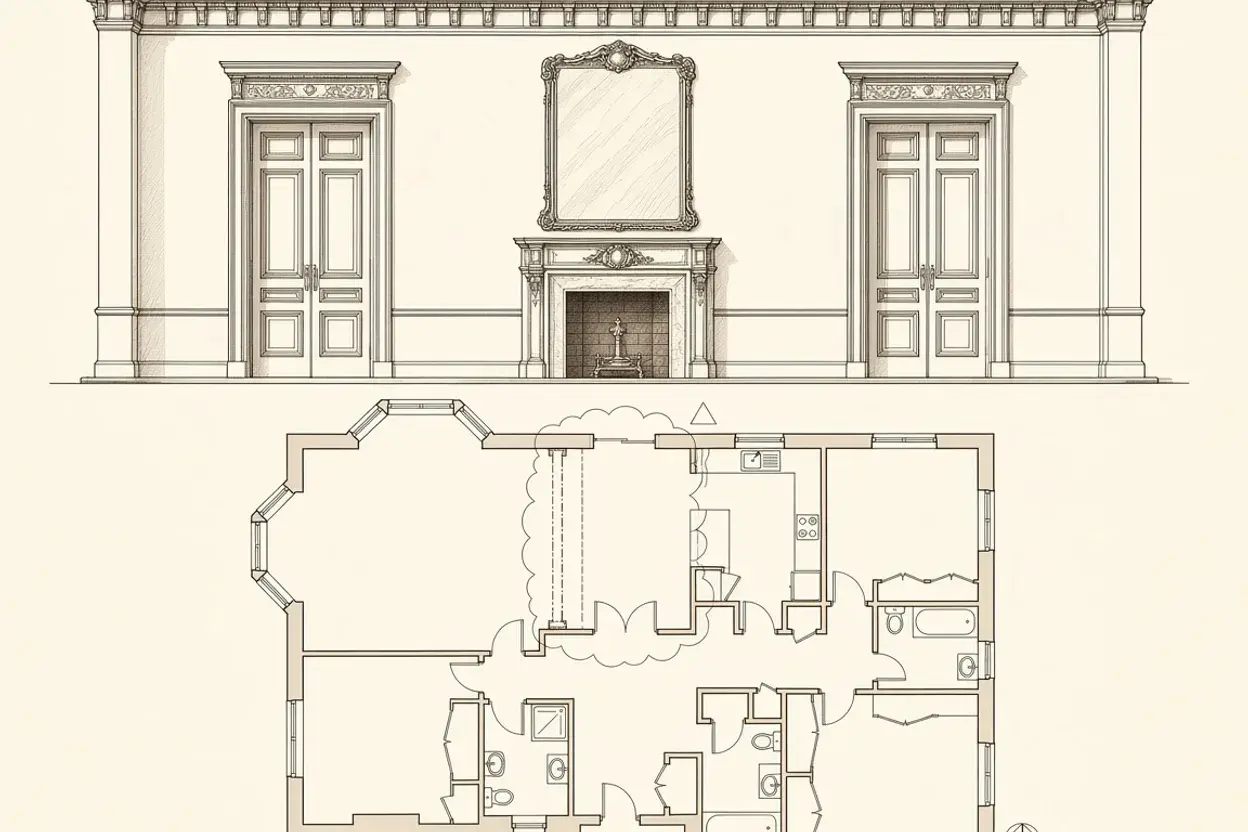Interior elevation and floor plan study of a Grade II listed Belsize Park stucco villa apartment reconfiguration