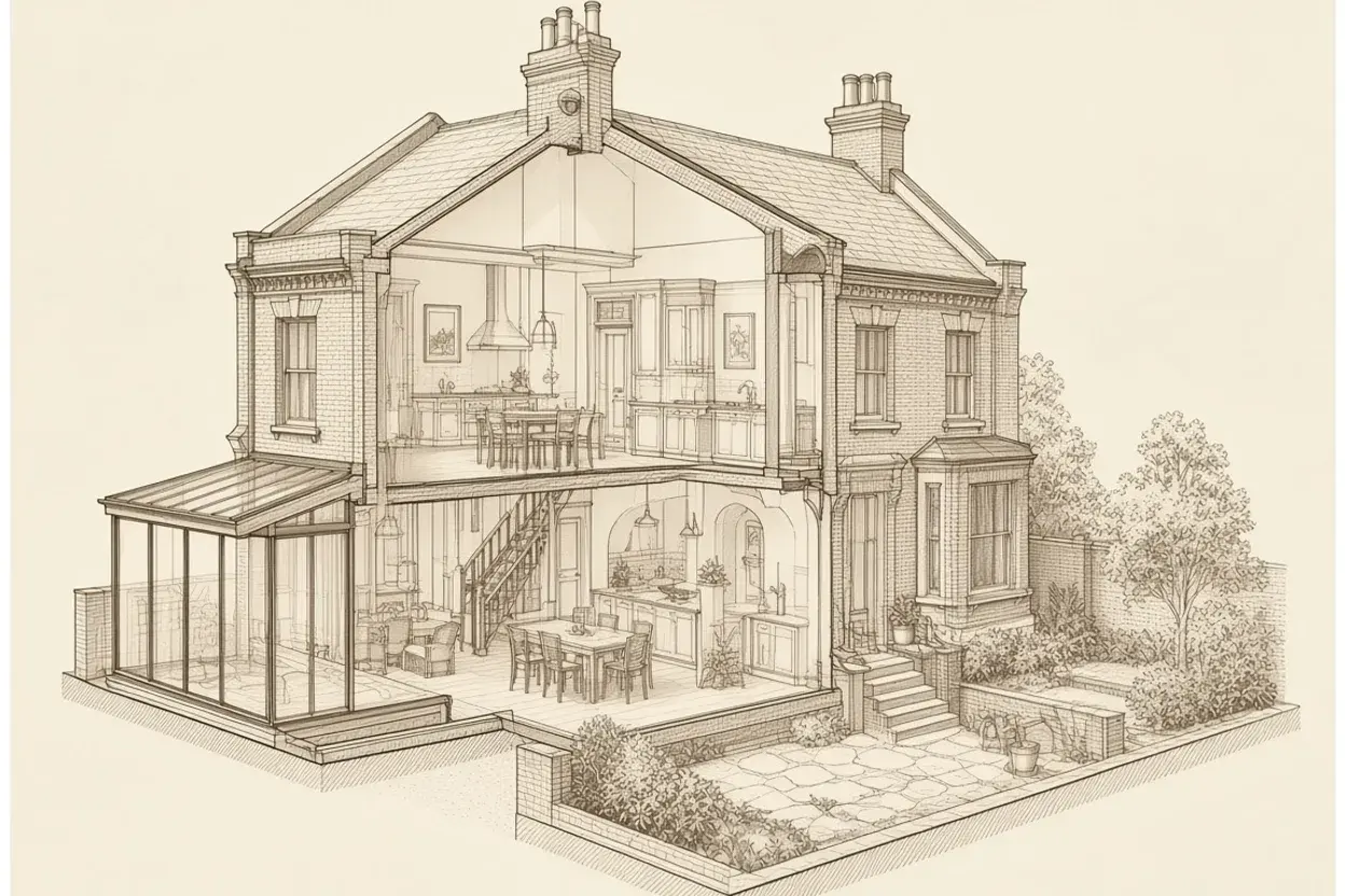 Isometric cutaway and rear elevation of a Hampstead Victorian terrace with a pitched-glass side-return and rear extension