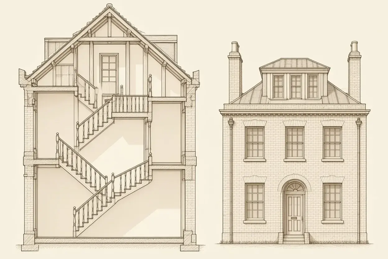 Cross-section and elevation of a Highgate Conservation Area house with a lead-clad rear dormer and loft stair