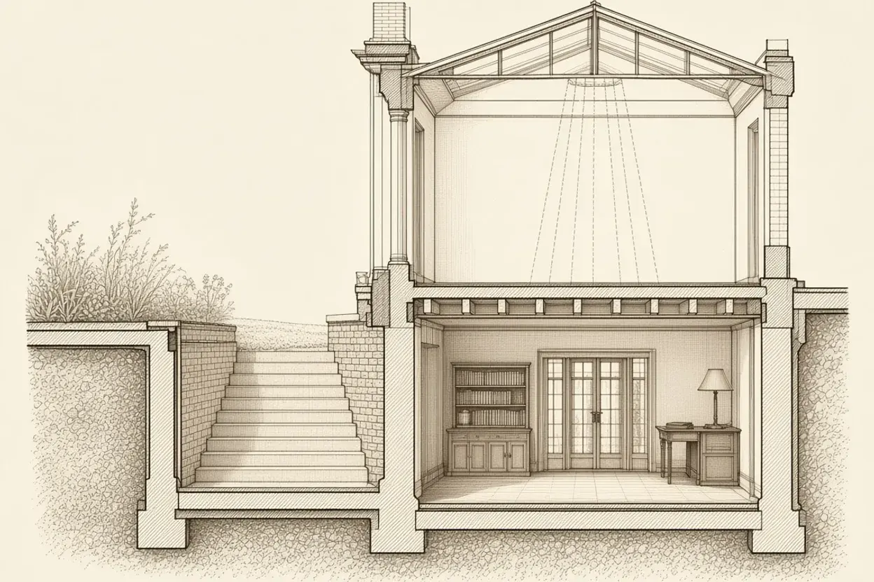 Cross-section through a Maida Vale lower-ground and basement remodelling with stepped lightwell and internal glazed court