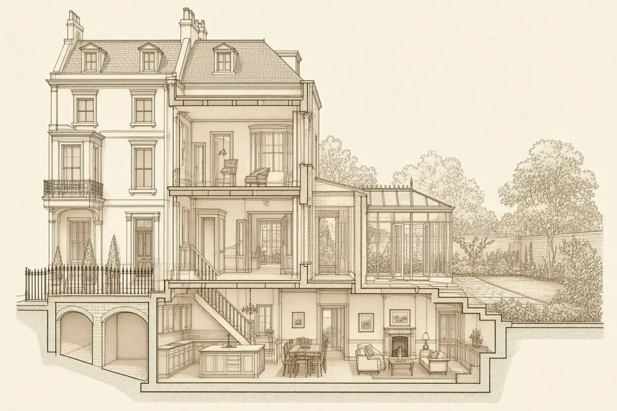 Longitudinal section through a Primrose Hill townhouse lower-ground kitchen-dining remodel and garden lightwell