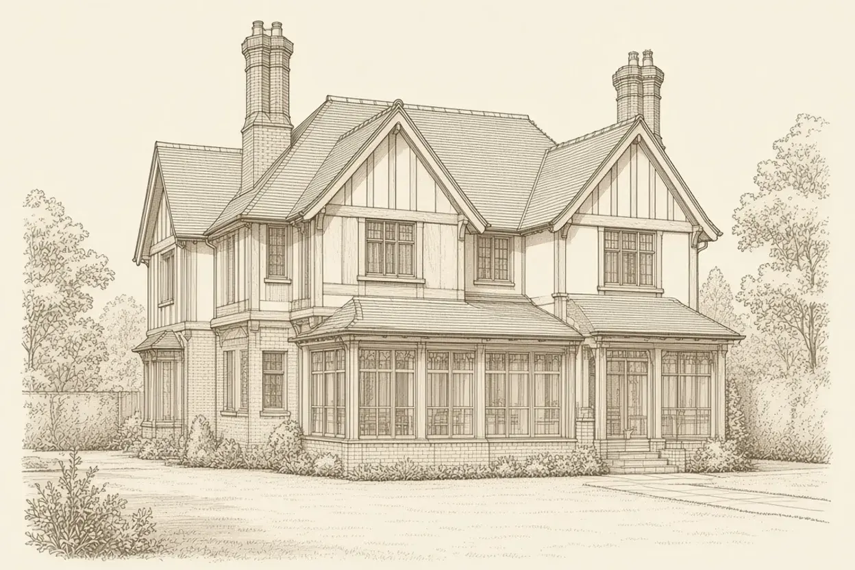 Rear elevation of an Arts and Crafts house in Hampstead Garden Suburb with a pitched-roof brick and oak garden room extension
