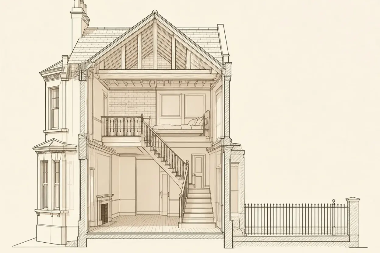 Cross-section of an upper maisonette loft conversion and recessed rear roof terrace in a West Hampstead Victorian terrace