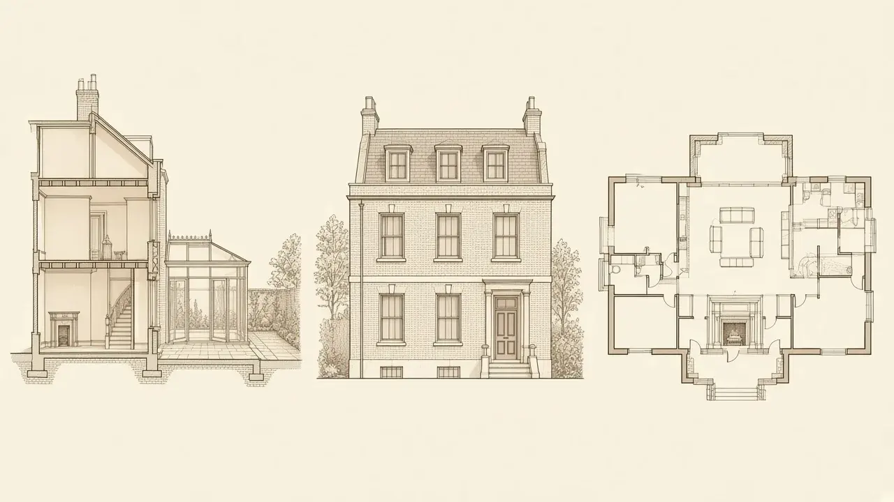 Architectural presentation board comparing a rear extension section, townhouse loft elevation and period apartment floor plan